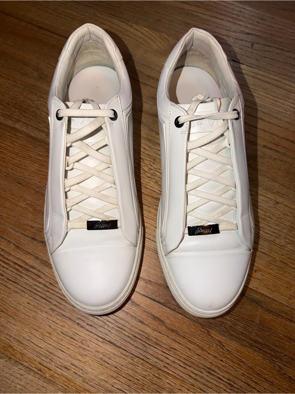 Brioni White Leather Sneakers Blue Suede Heel Mens